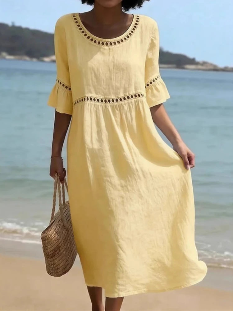 Mystflora Cotton Linen Hollow Out Round Neck Dress For Women