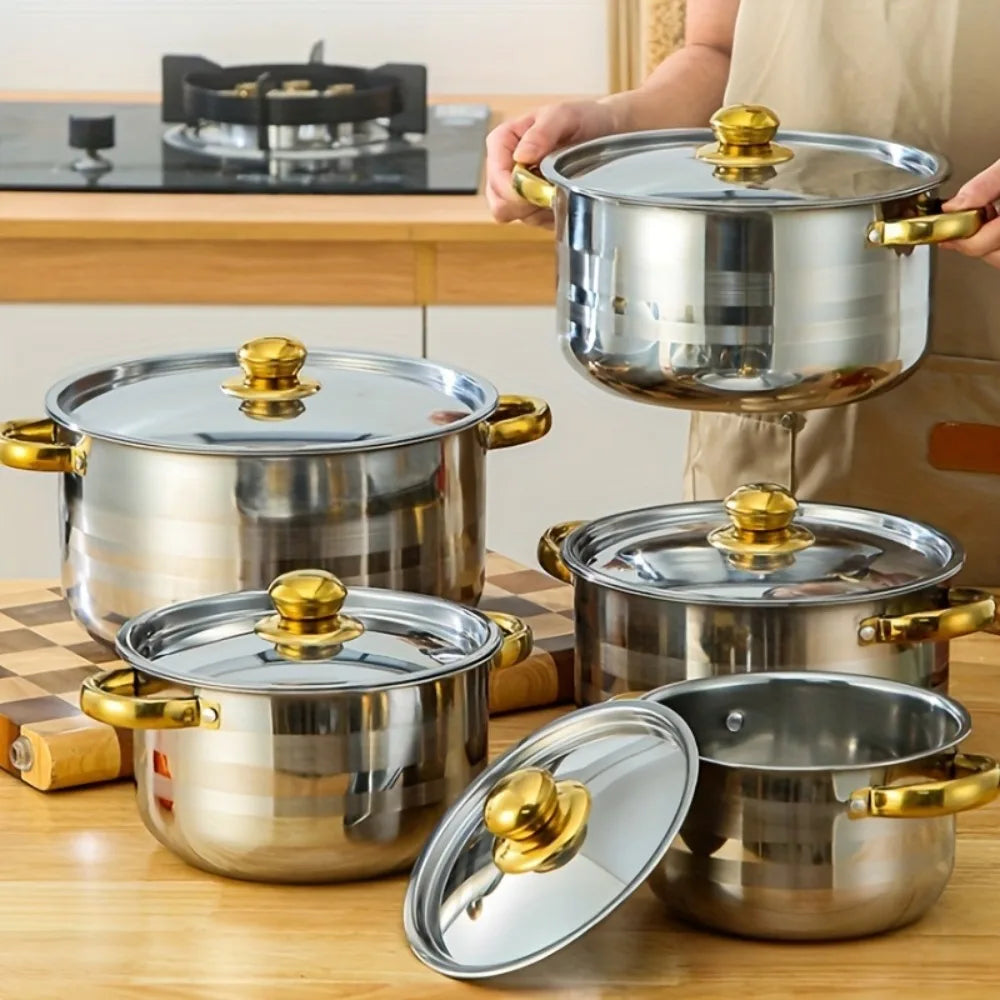Golden Stainless Steel 5Piece Cookware Set Nonstick Compatible With Stoves