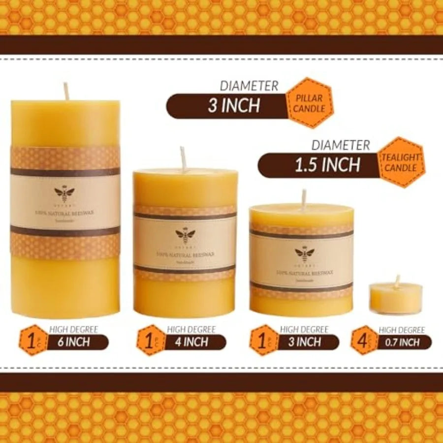 Natural Beeswax Pillar Candles Set 3 Pack Dripless Smokeless Tealights