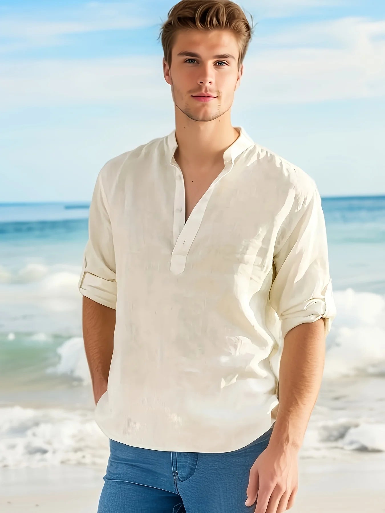 Men's Linen Stand Collar Long Sleeve Shirt