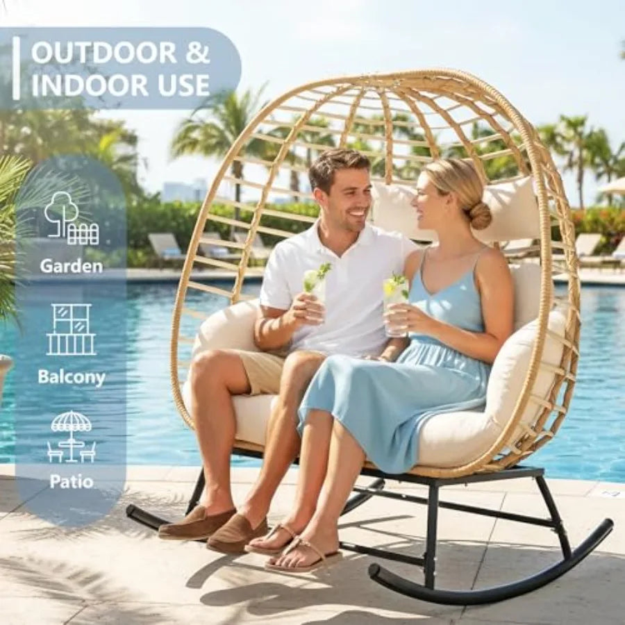 Double Wicker Egg Rocking Chair Outdoor Indoor Swing Loveseat