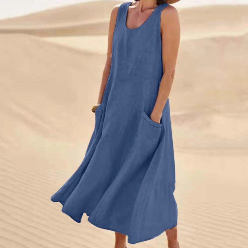 INSTYLISH Women Cotton Linen Sleeveless A Line Dress With Pockets