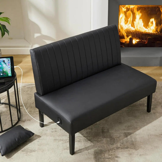 43 Inch Black Leather Armless Loveseat With USB Port
