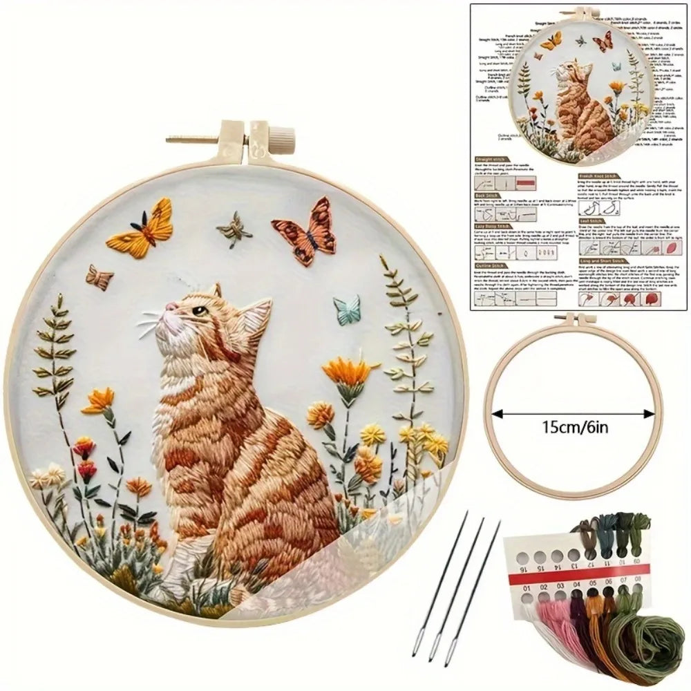 NONECN Cat and Flower Embroidery Kit for Beginners