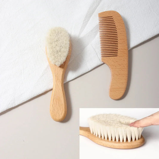 2 Piece Baby Care Hair Wool Brush And Beech Wood Comb