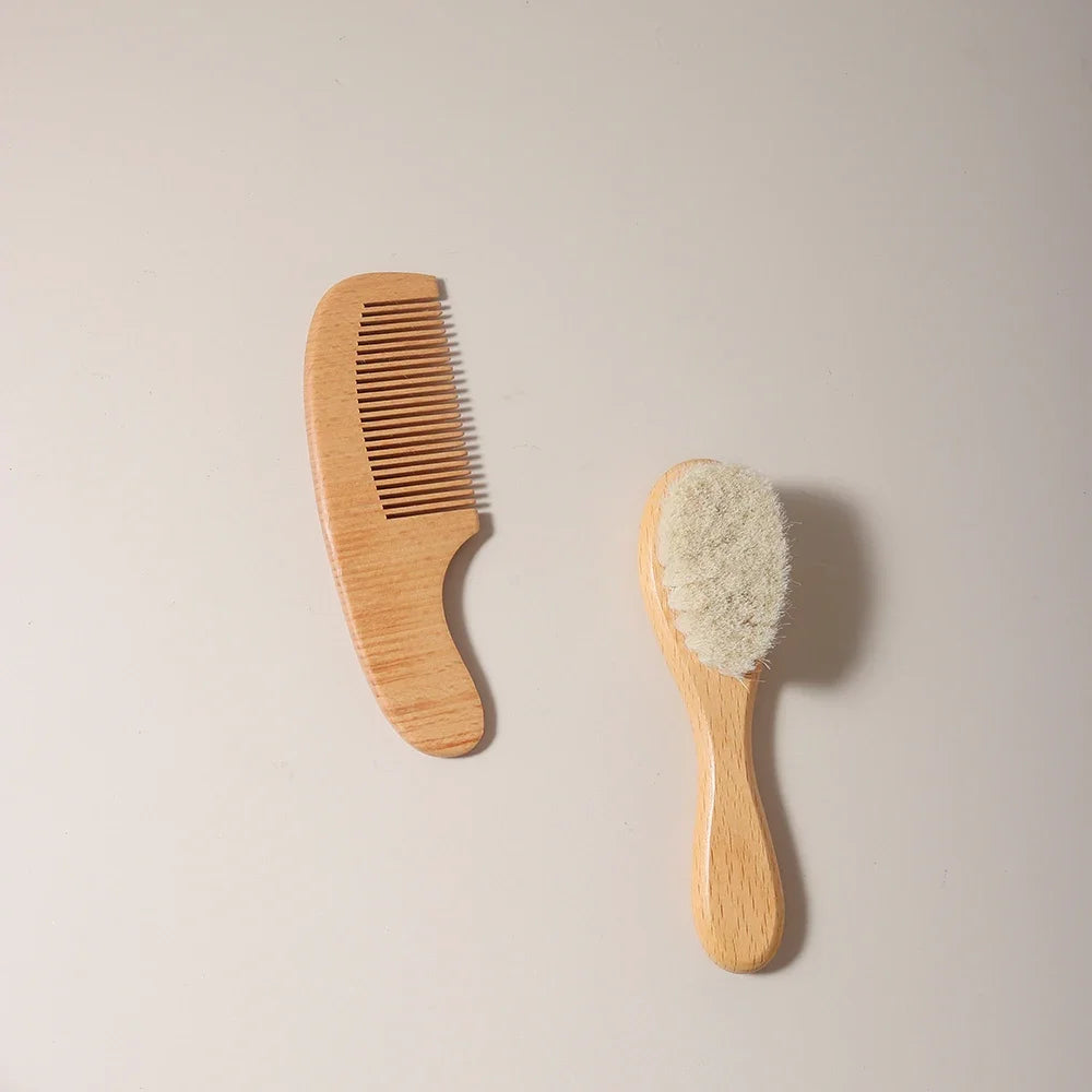 2 Piece Baby Care Hair Wool Brush And Beech Wood Comb