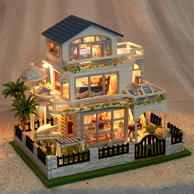 DIY Wooden Mini Seaside Villa Dollhouse Kit With Furniture