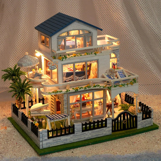 DIY Wooden Mini Seaside Villa Dollhouse Kit With Furniture