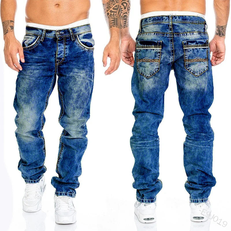 Men's Vintage Washed Straight Denim Jeans With Zipper Fly