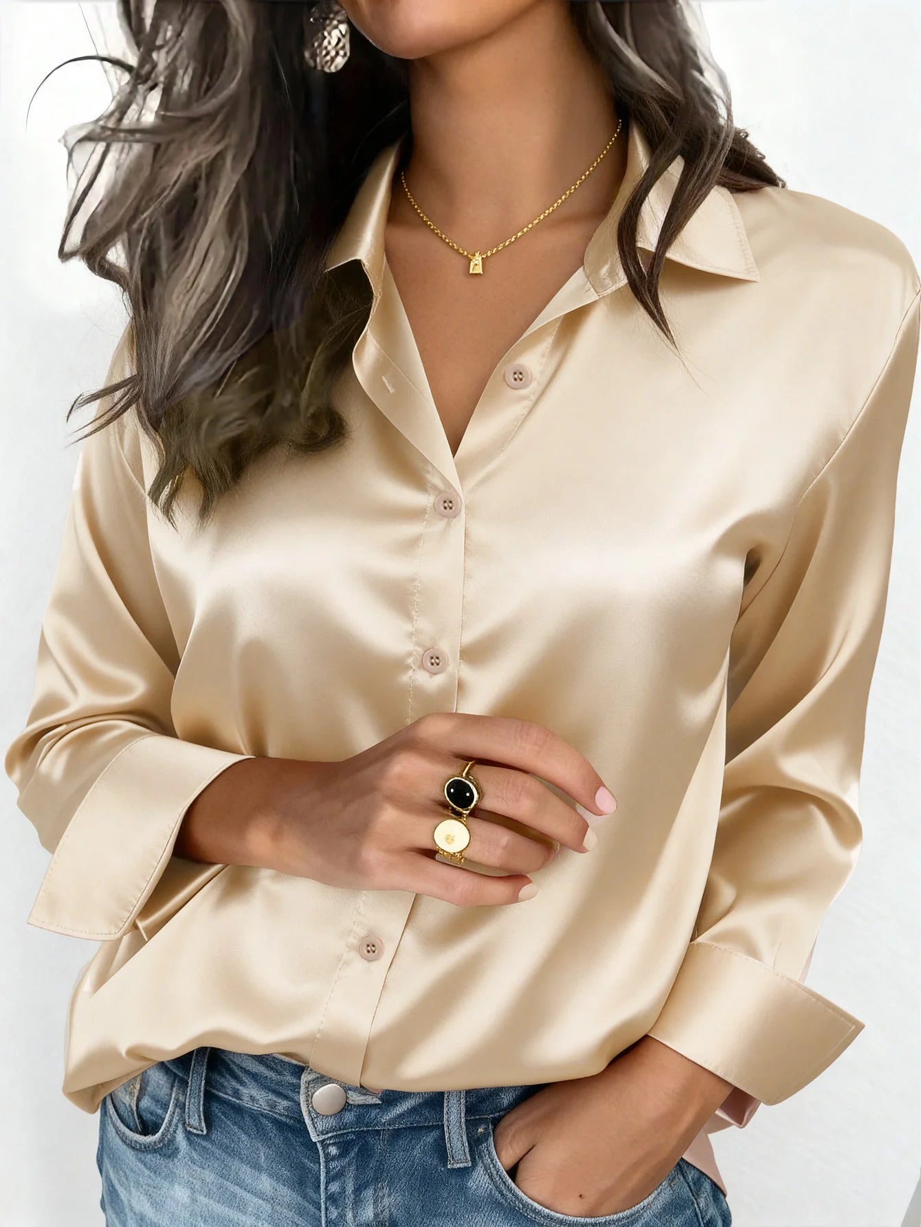 Satin Button Up Blouse Office Wear Elegant Collared Design