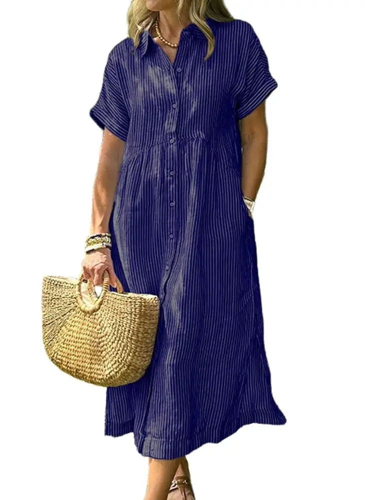 Womens Striped Midi Shirt Dress Loose Button Down Cotton Linen