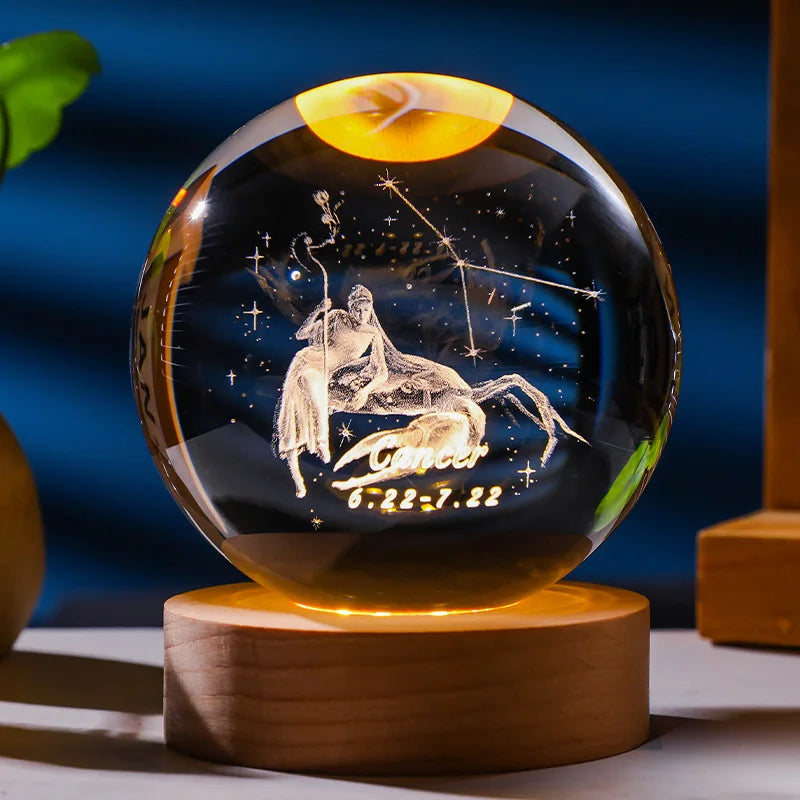 3D Constellation Crystal Ball Night Light with Wooden USB Base