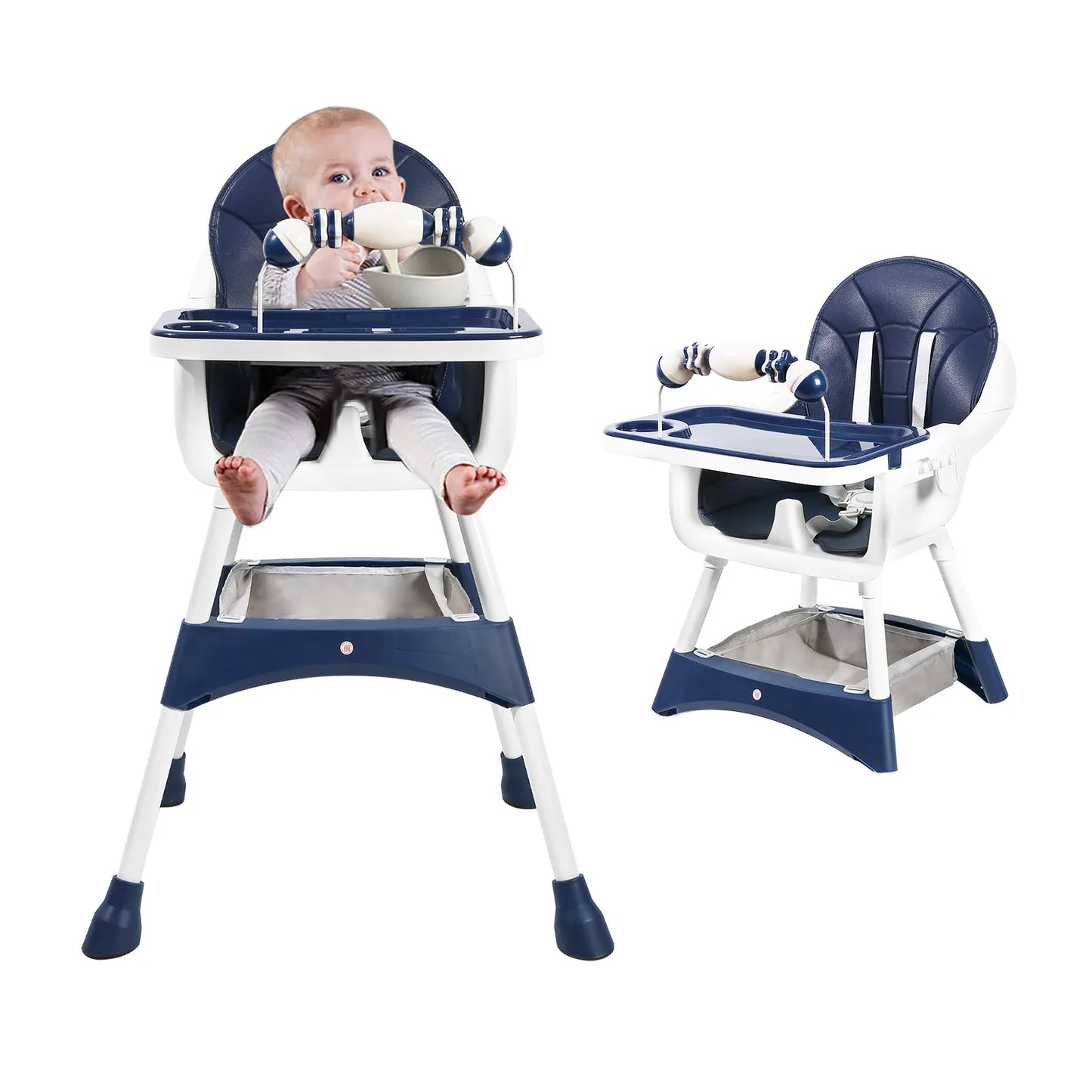 Baby High Chair, Portable Baby Dining Chairs Eat & Play Convertible High Chair with Double-Layer Dinner Plate and Toy Rack