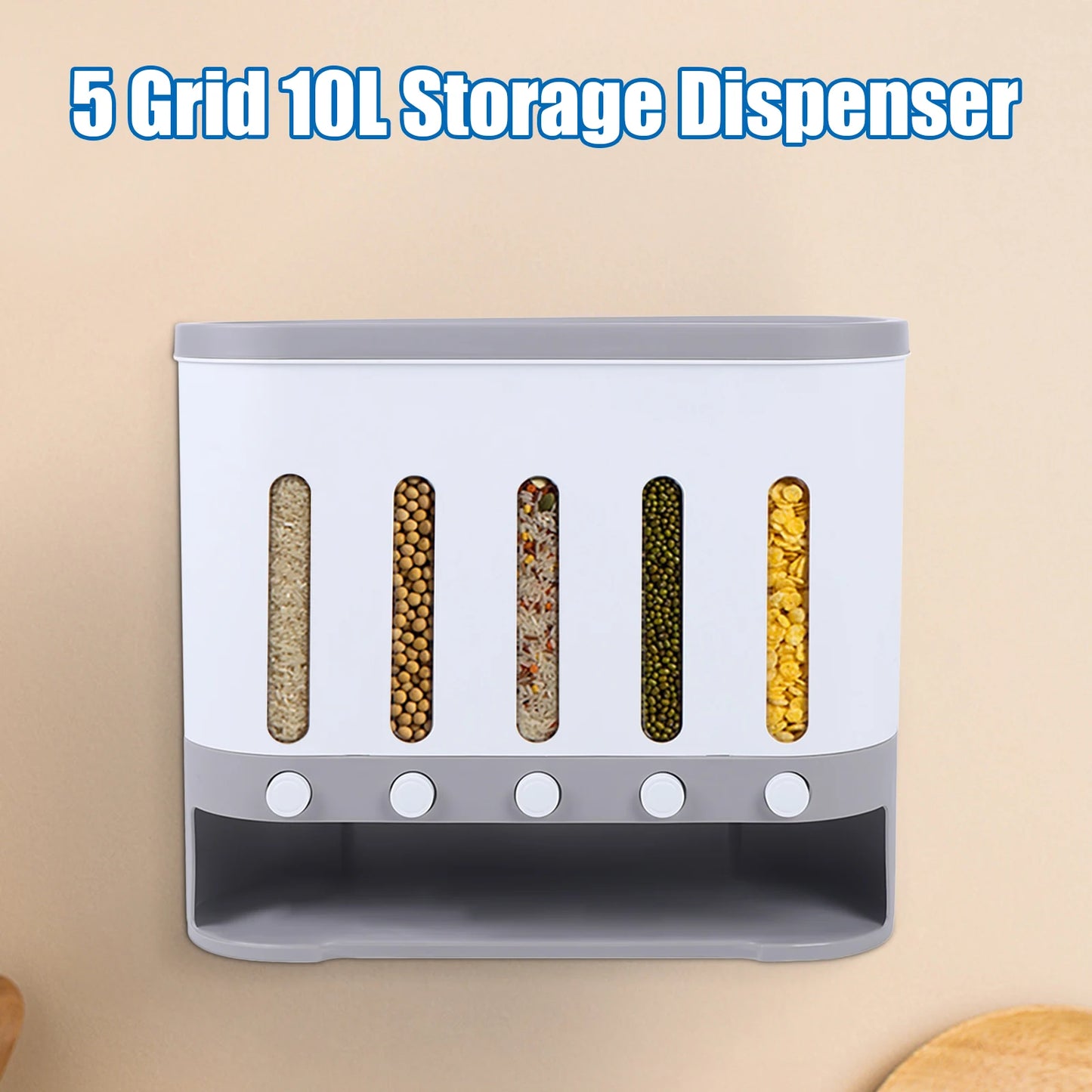 Five Compartment Wall Mount Rice Dispenser for Kitchen Storage