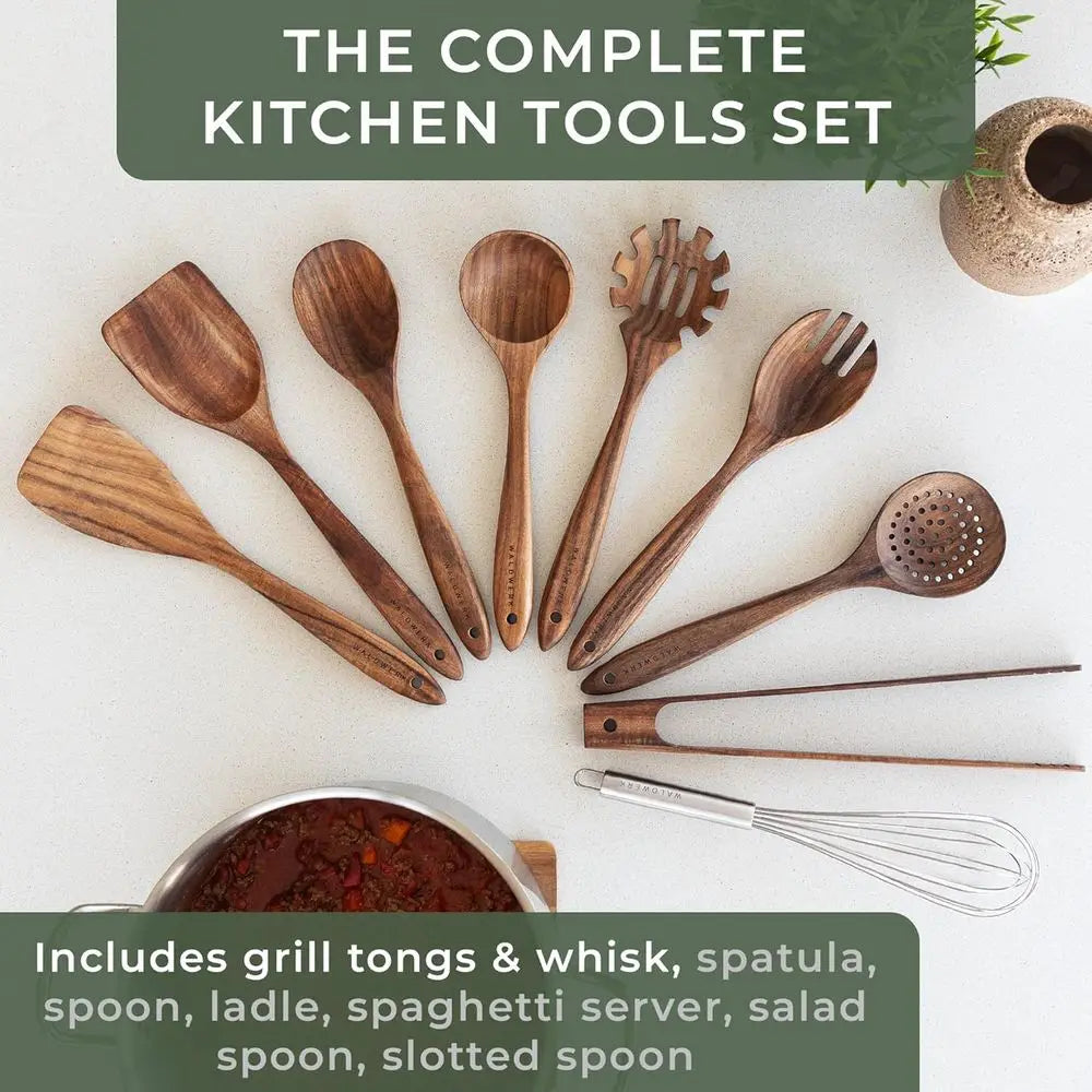 9-Piece Eco-Friendly Wooden Kitchen Utensil Set: Spatula, Tongs, Whisk, Spoons, Pasta Server - Non-Toxic Cooking Tools
