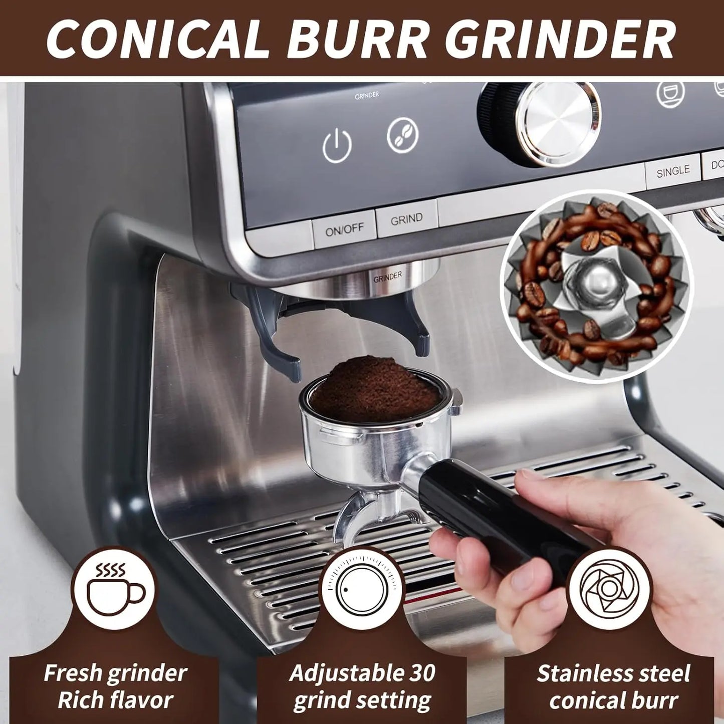 Acekool Espresso Machine With Grinder And Milk Frother 20 Bar