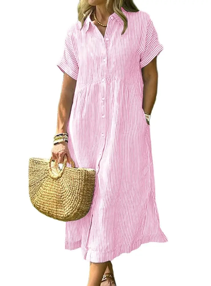 Womens Striped Midi Shirt Dress Loose Button Down Cotton Linen