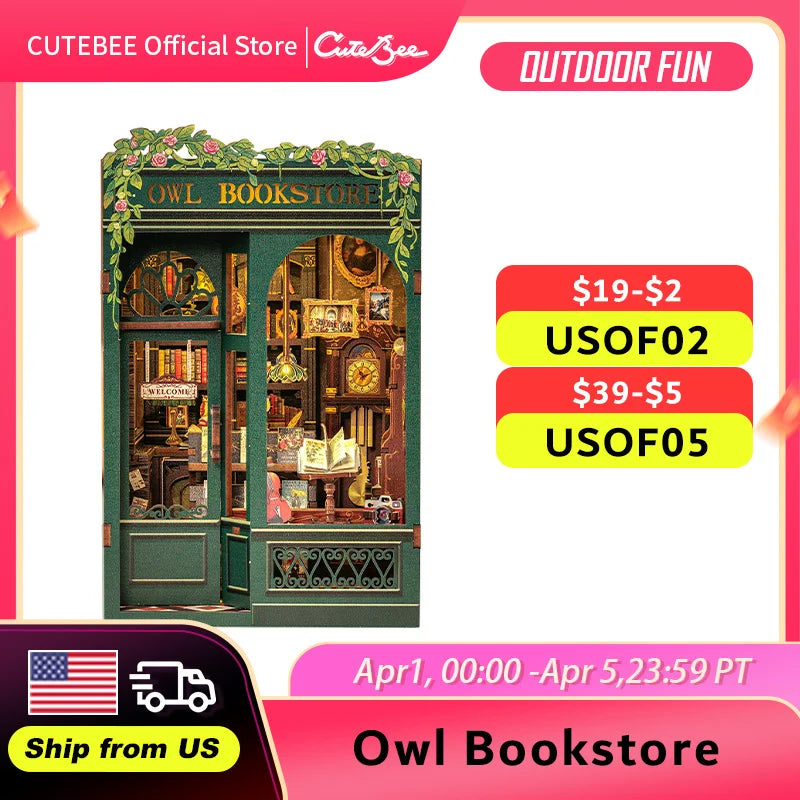 CUTEBEE DIY Book Nook Kit Wooden Owl Bookstore With Lights