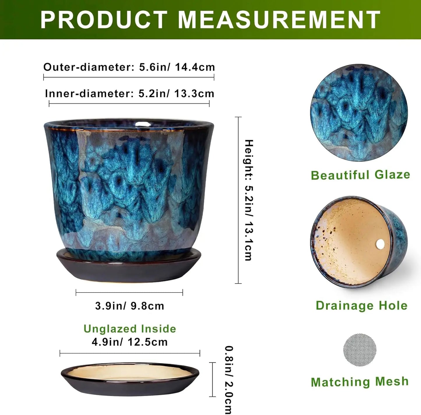 Ceramic Plant Pot With Drainage Hole Saucer Indoor Decor