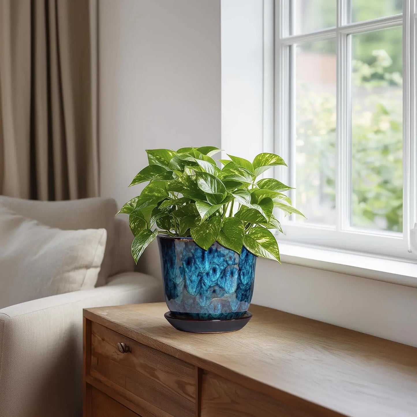 Ceramic Plant Pot With Drainage Hole Saucer Indoor Decor