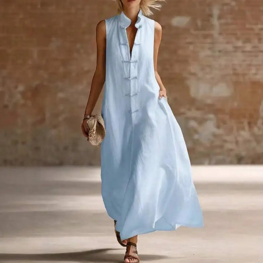 Linen Cotton Stand Collar Frog Button Long Dress For Women