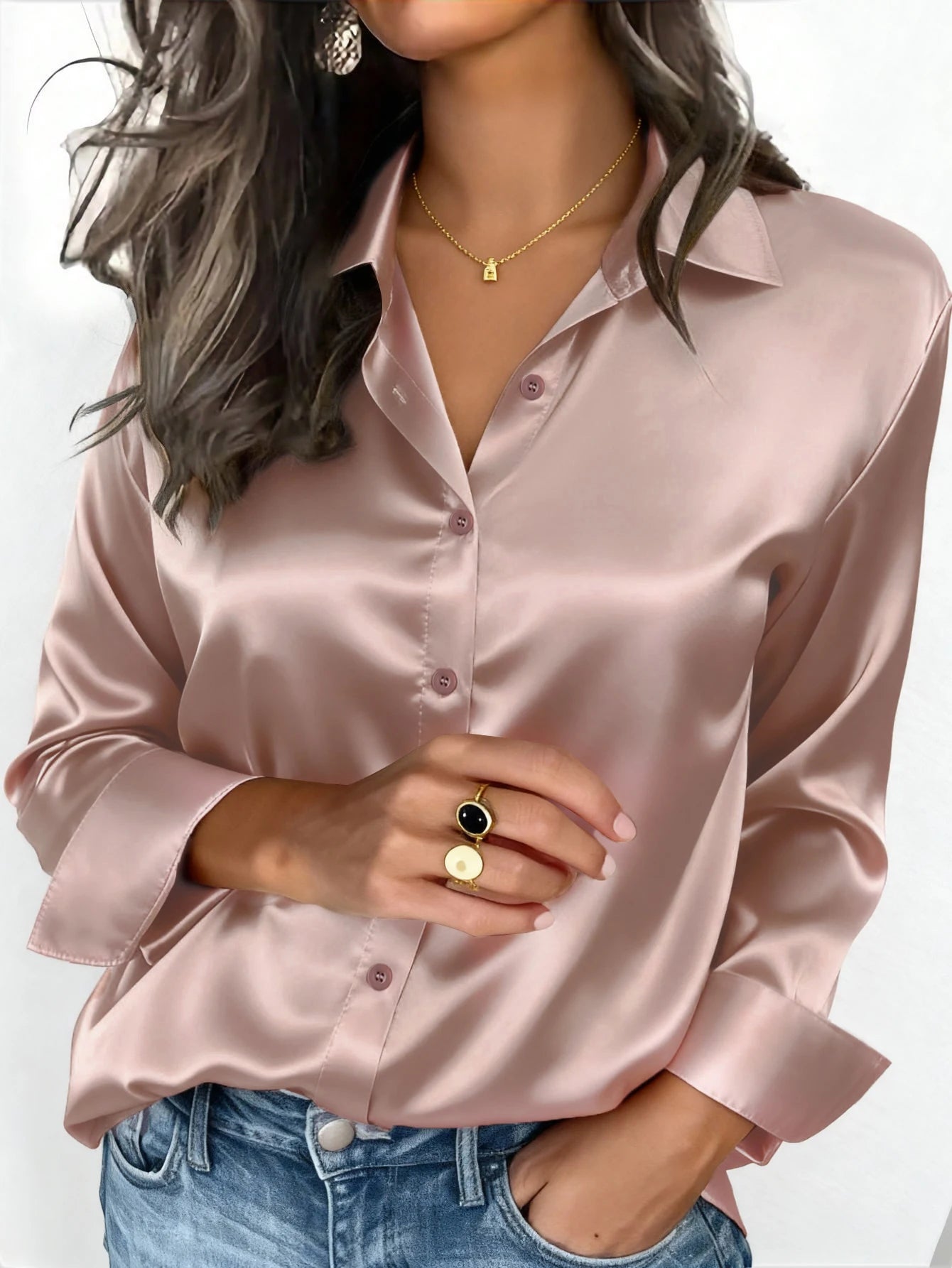Satin Button Up Blouse Office Wear Elegant Collared Design