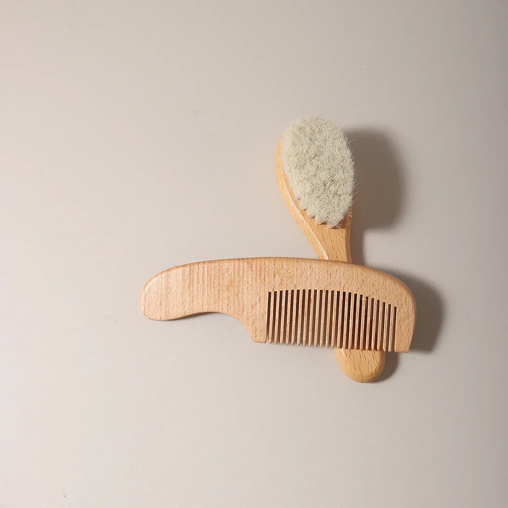 2 Piece Baby Care Hair Wool Brush And Beech Wood Comb