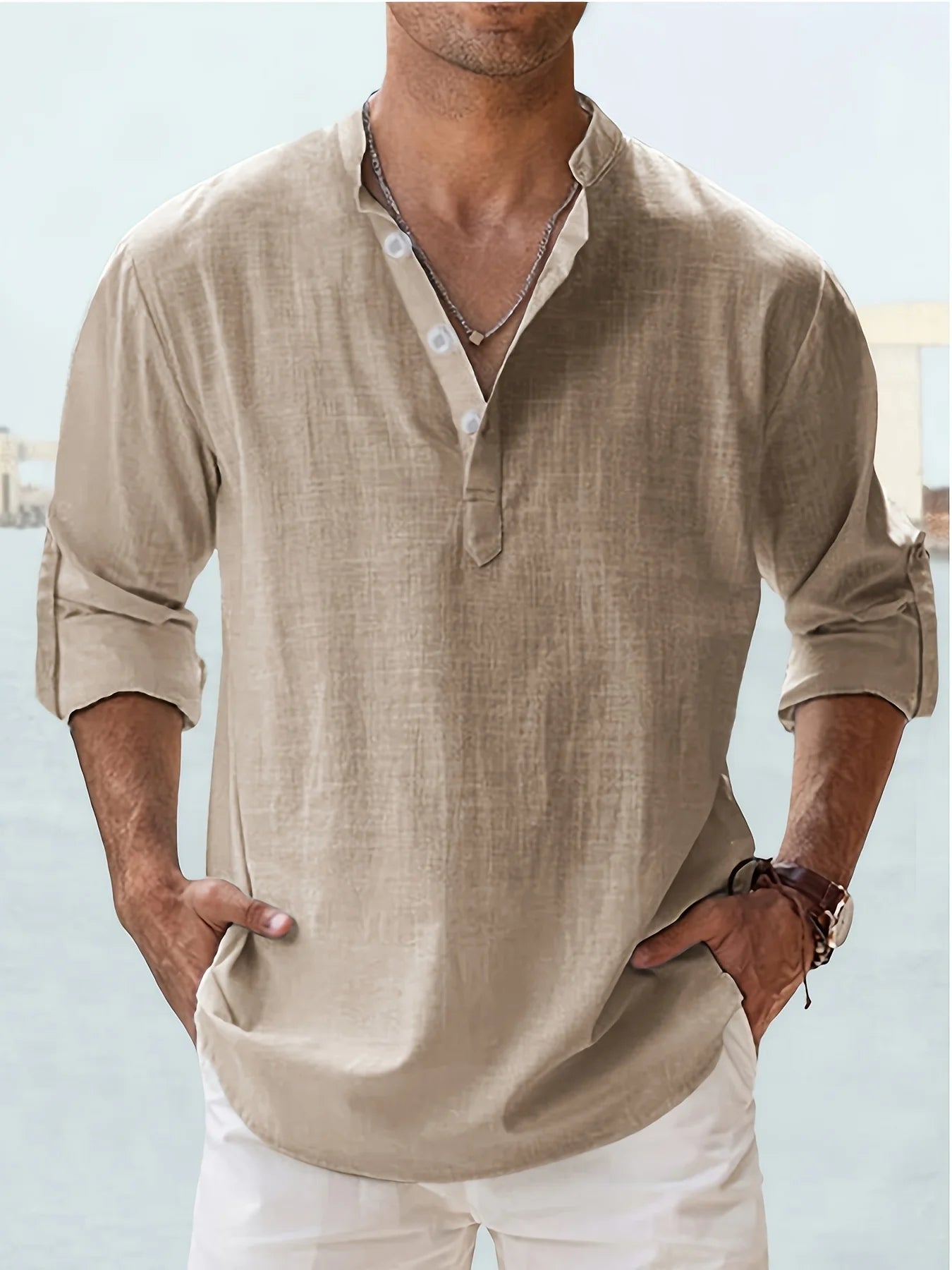 Men's Linen Stand Collar Long Sleeve Shirt