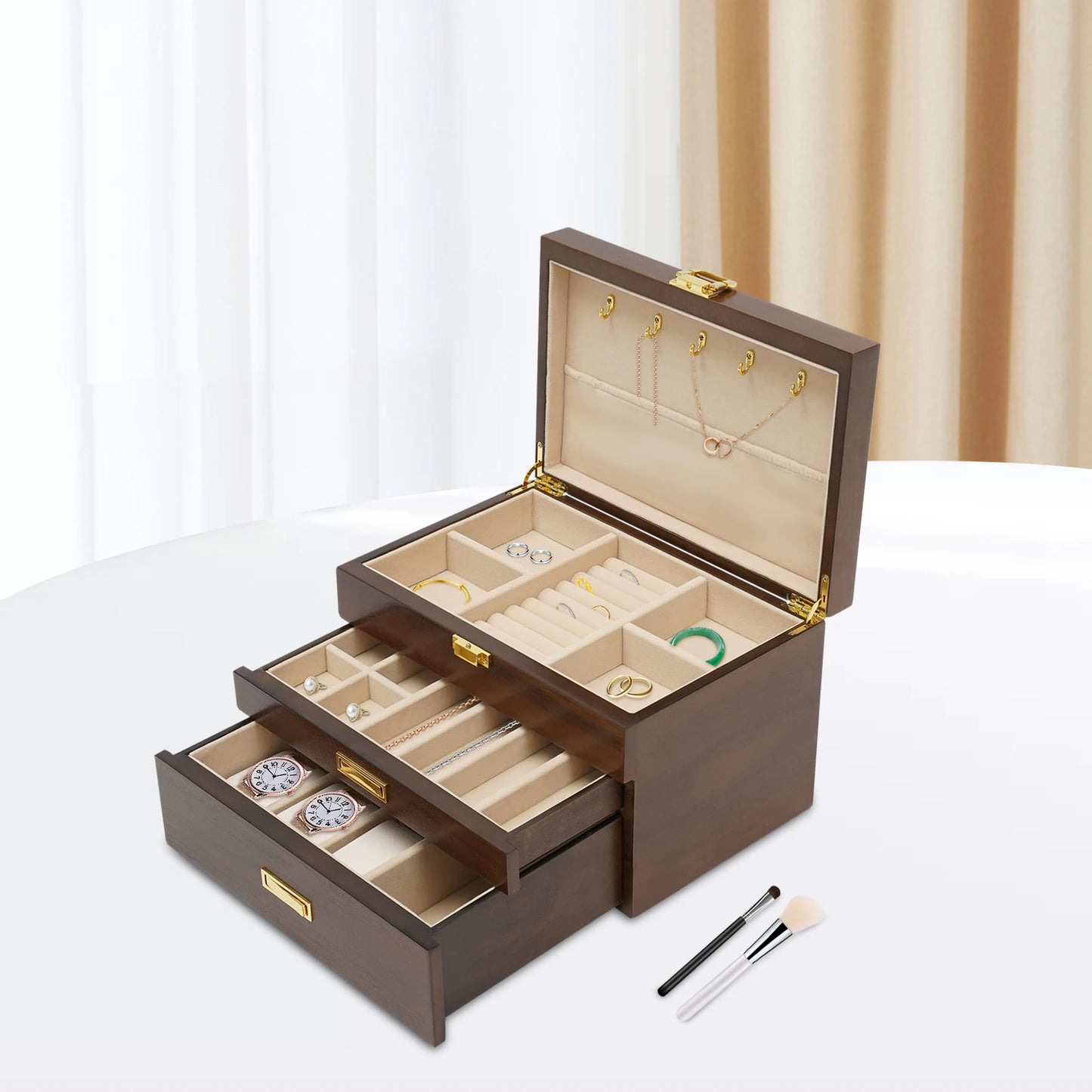 Black Walnut Wood Jewelry And Watch Display Case Organizer