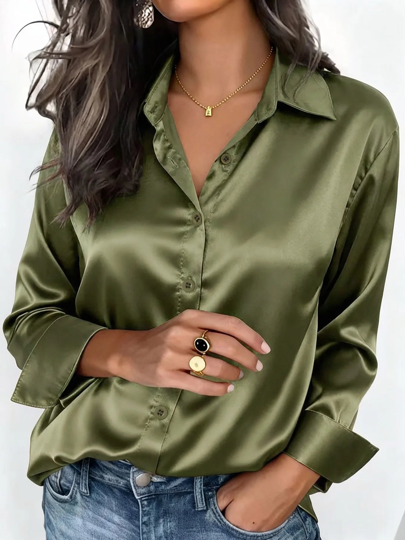Satin Button Up Blouse Office Wear Elegant Collared Design