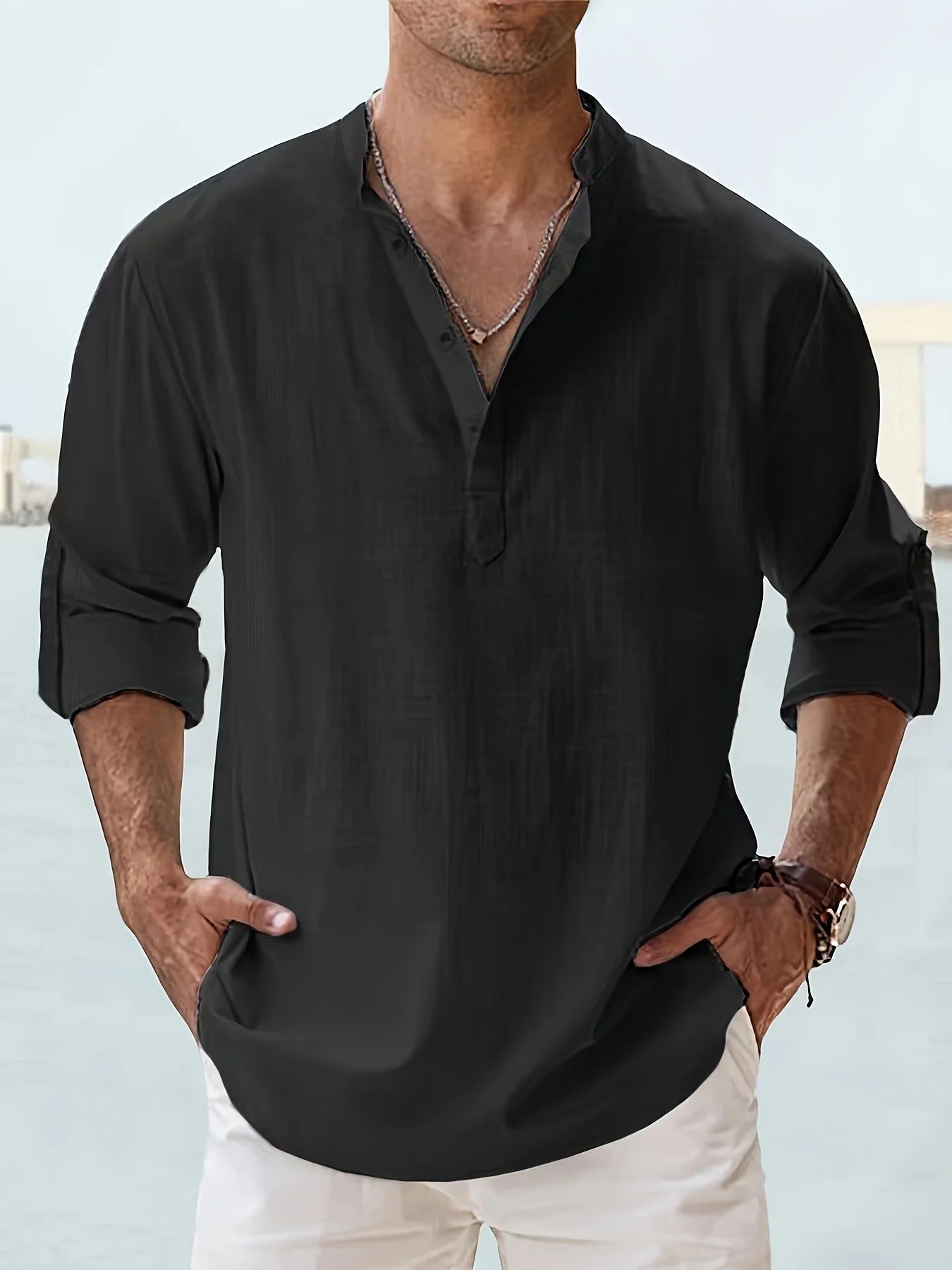 Men's Linen Stand Collar Long Sleeve Shirt