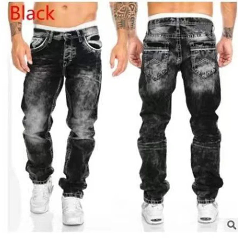 Men's Vintage Washed Straight Denim Jeans With Zipper Fly