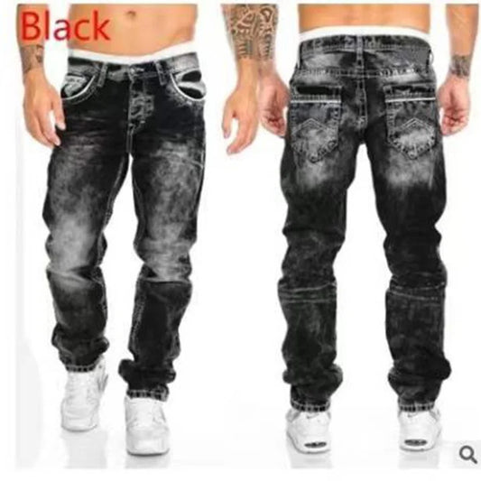 Men's Vintage Washed Straight Denim Jeans With Zipper Fly