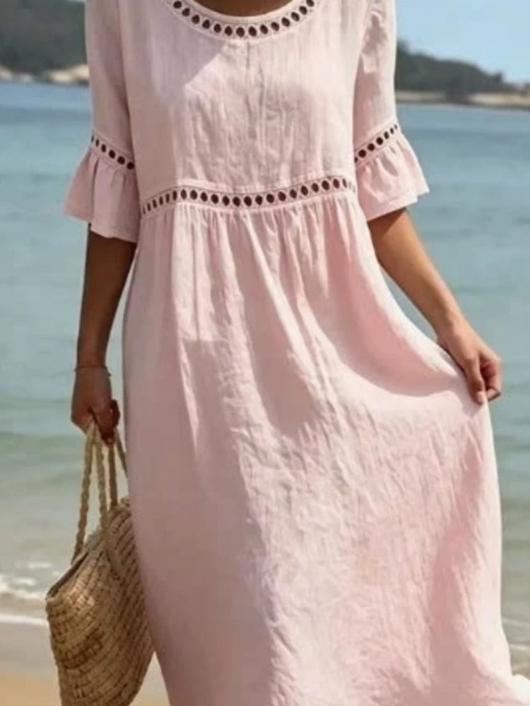 Mystflora Cotton Linen Hollow Out Round Neck Dress For Women