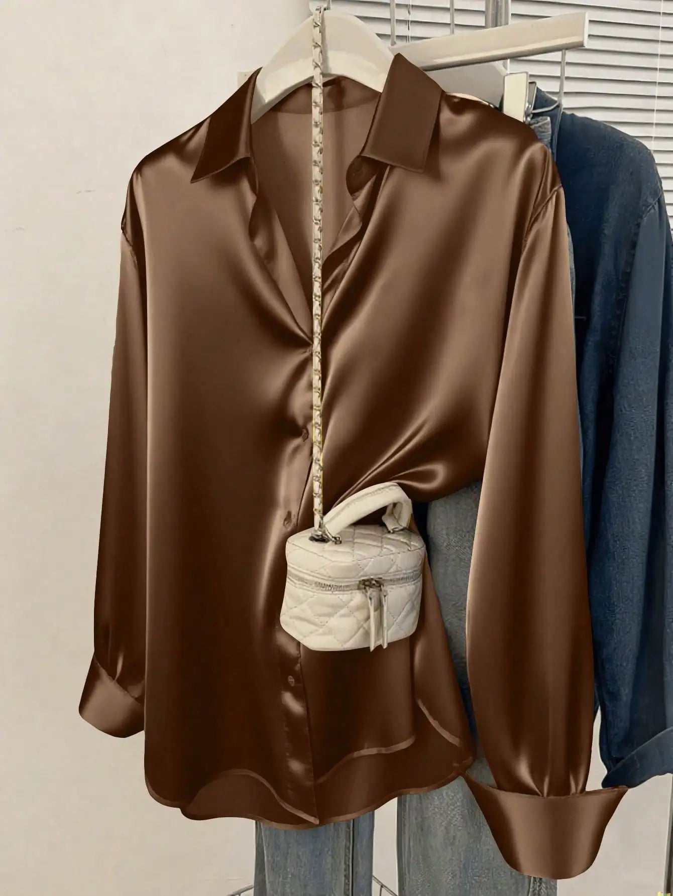 Satin Button Up Blouse Office Wear Elegant Collared Design