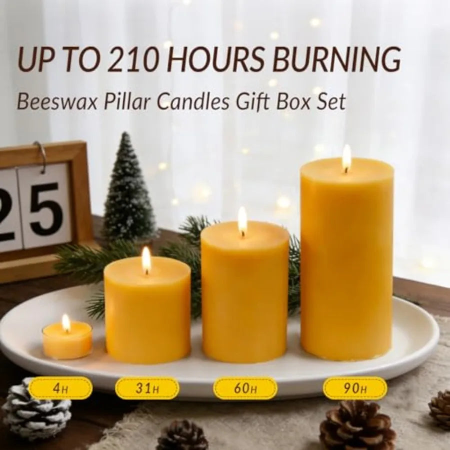 Natural Beeswax Pillar Candles Set 3 Pack Dripless Smokeless Tealights