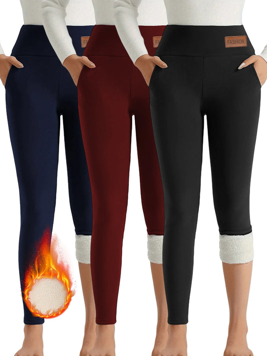 Fleece Lined High Waist Leggings Women Winter Windproof 3 Pack