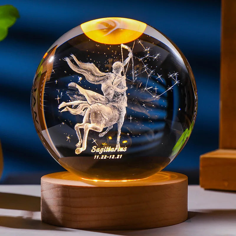 3D Constellation Crystal Ball Night Light with Wooden USB Base
