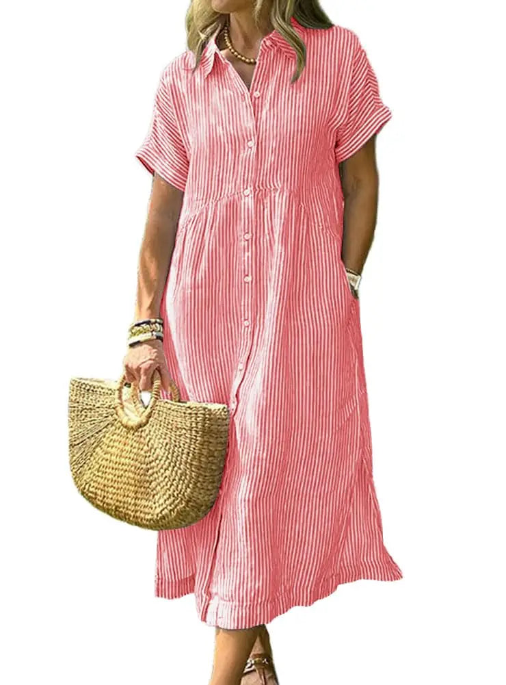Womens Striped Midi Shirt Dress Loose Button Down Cotton Linen