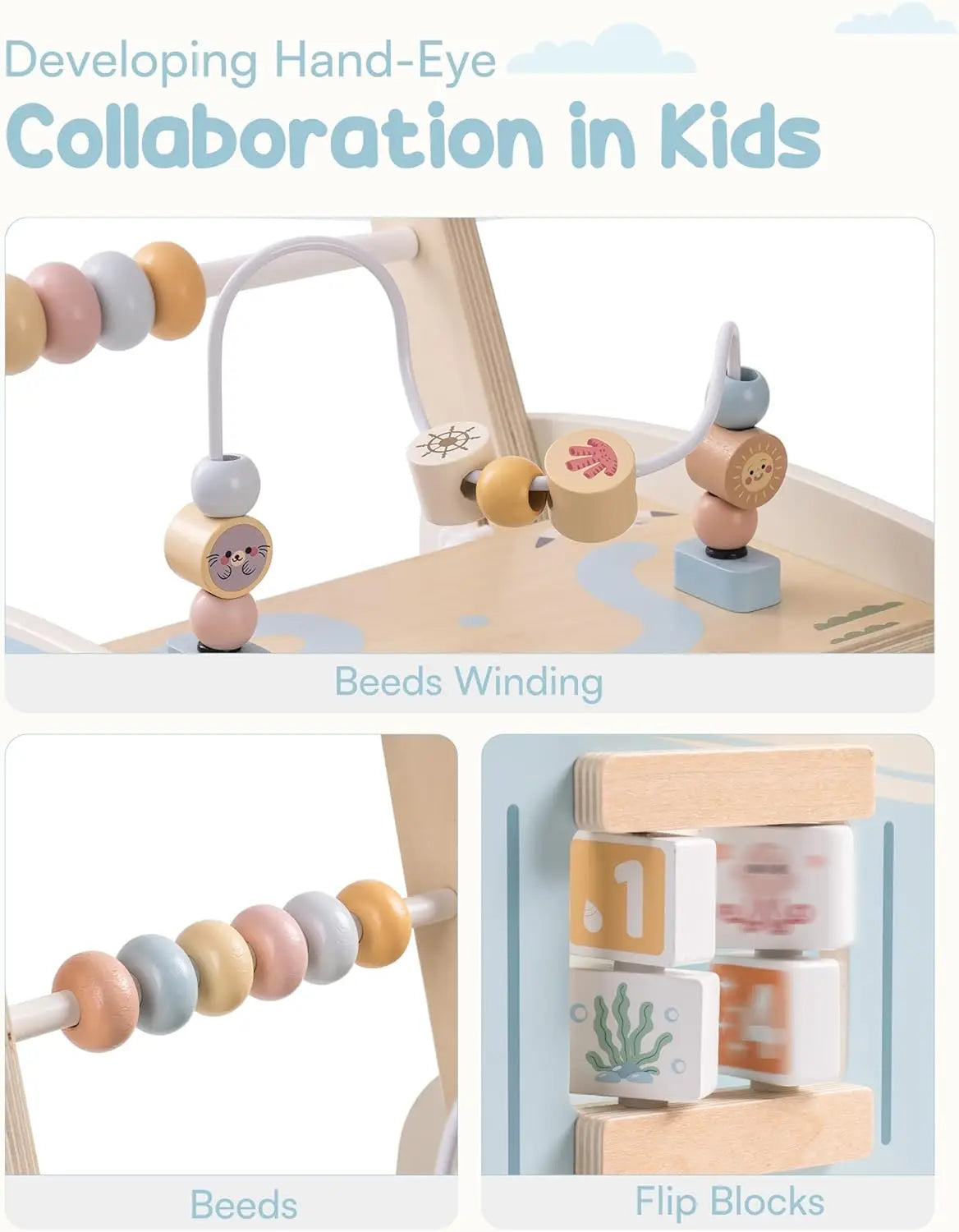 Wooden Baby Walker Bus Style With Ocean Pattern Rolife