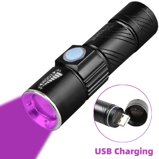 Compact UV Flashlight 365 395nm LED Zoomable Rechargeable