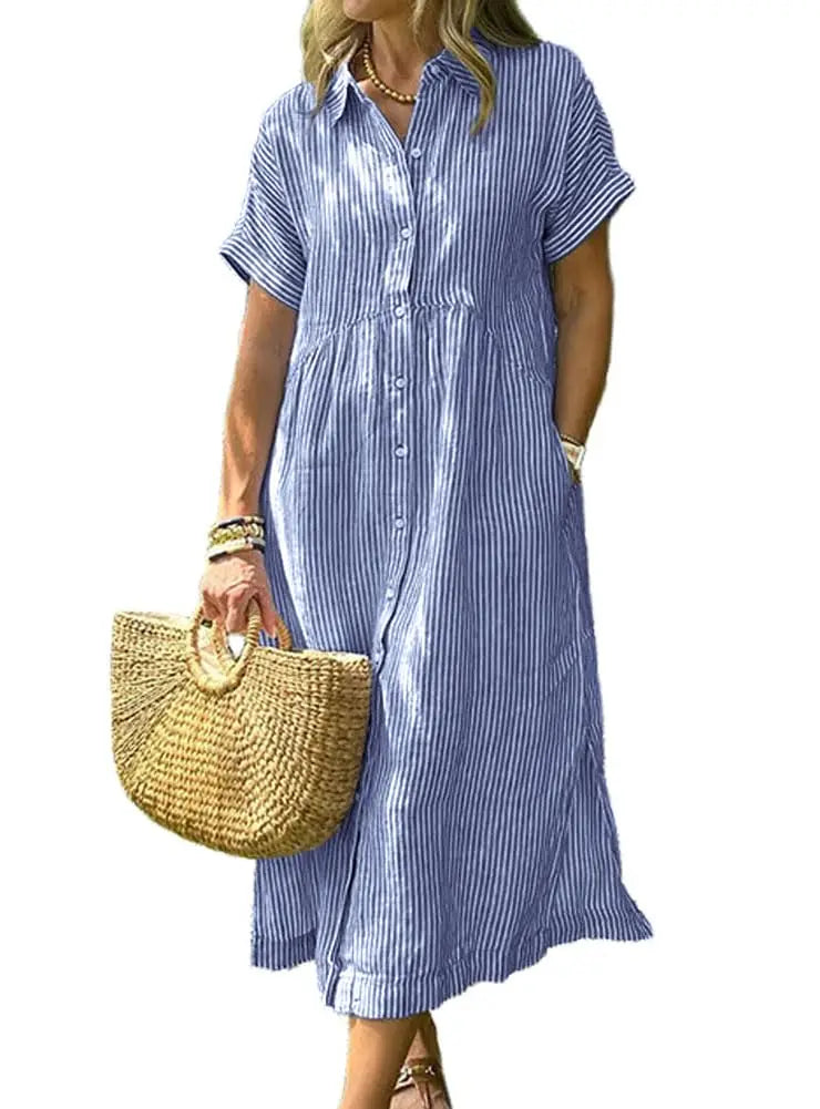 Womens Striped Midi Shirt Dress Loose Button Down Cotton Linen