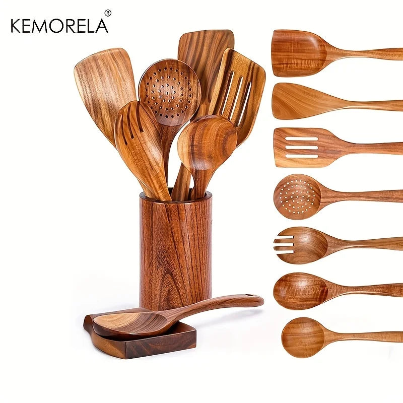 Kemorela 9 Piece Teak Wooden Kitchen Cooking Utensils Set