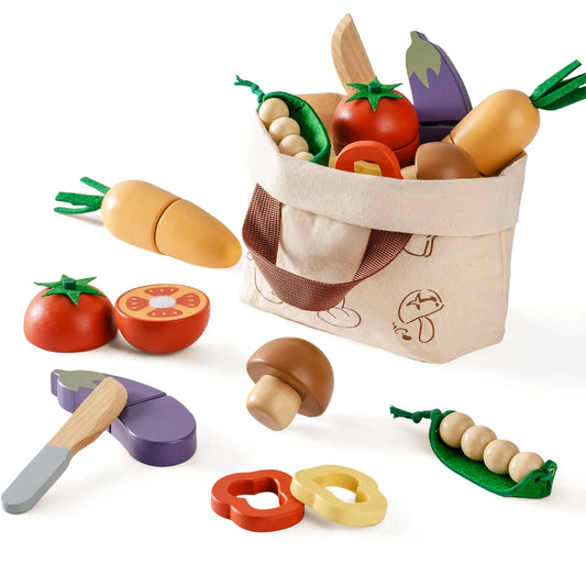 ROBUD Wooden Pretend Play Food Set Cutting Toy Food Play Kitchen Accessories Toy Food with Storage Bag Toys Gifts for Girls Boys