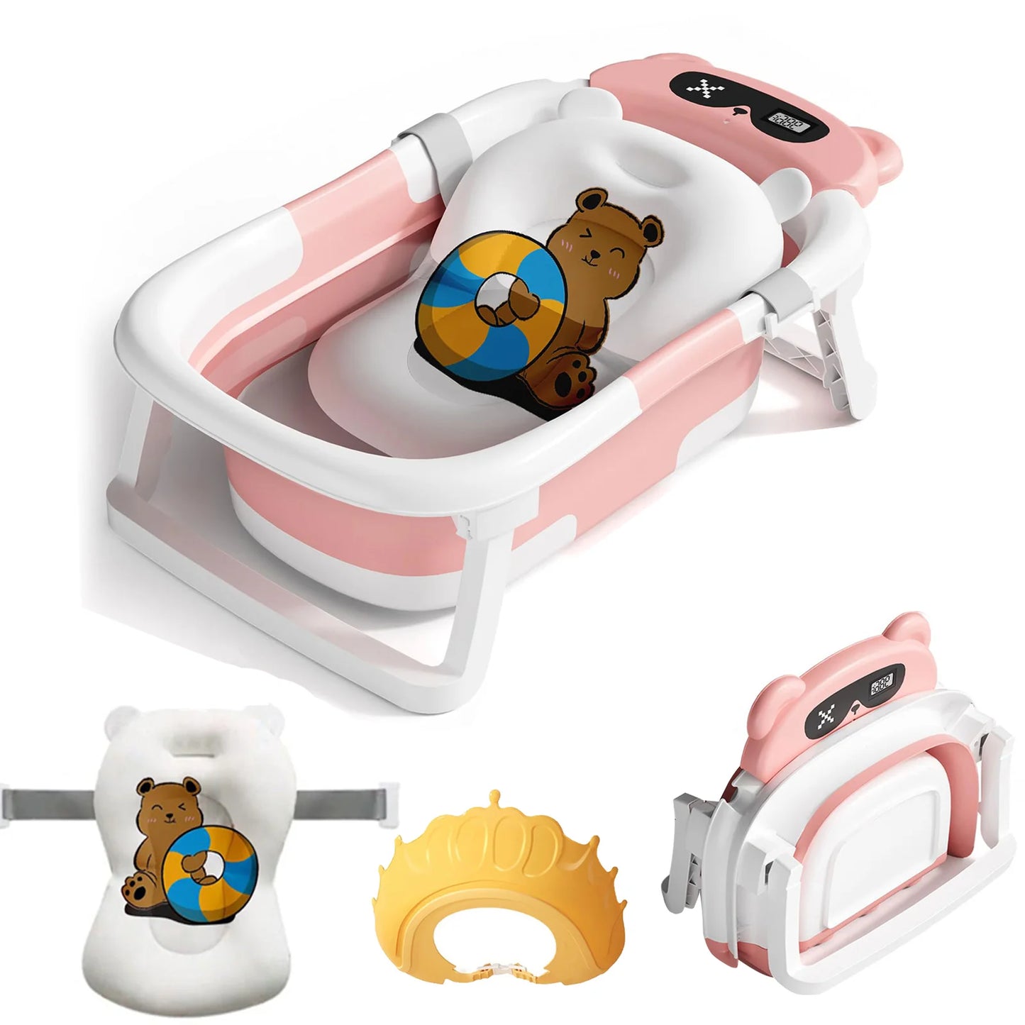 Foldable Baby Bath Tub With Cushion Thermometer And Shower Cap
