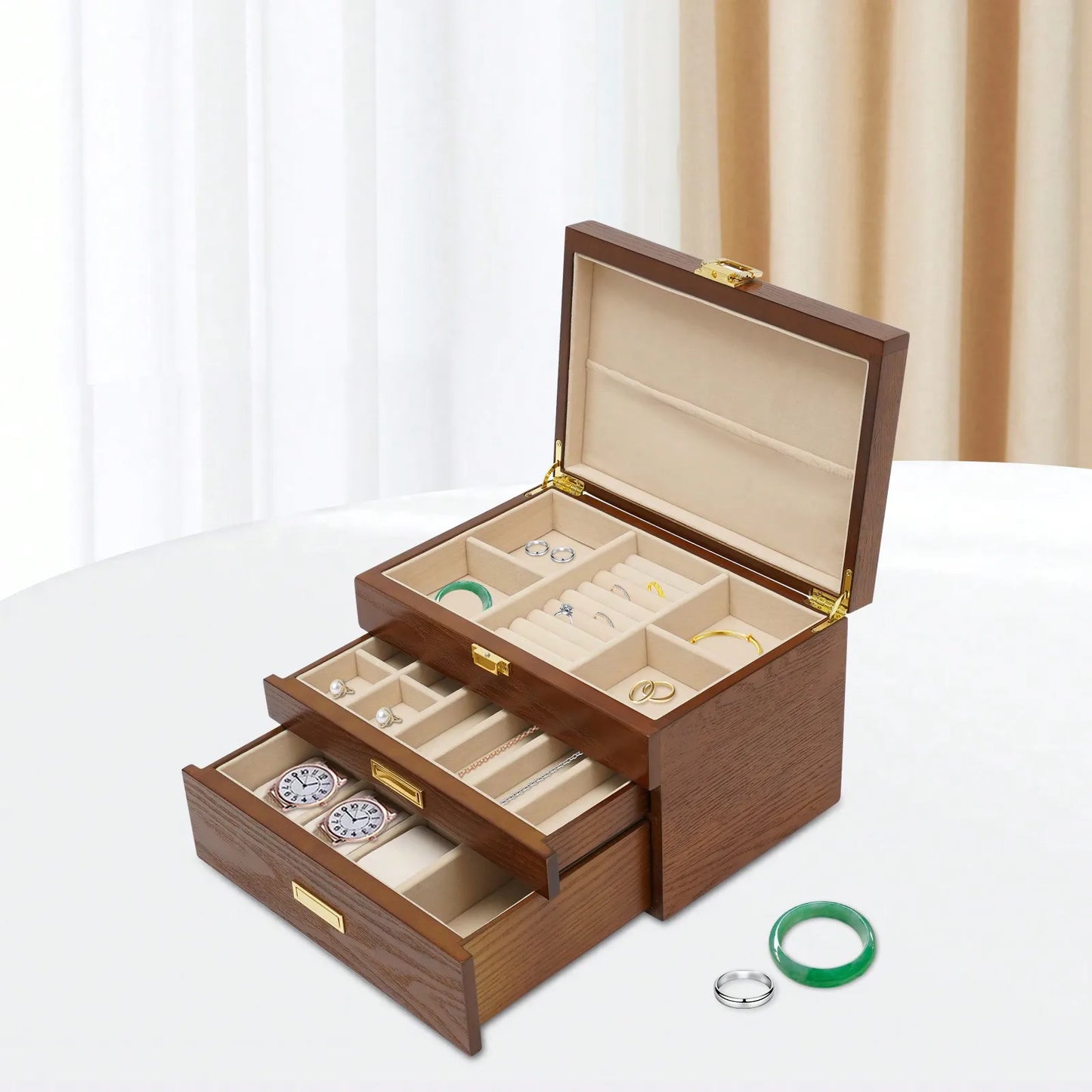 Black Walnut Wood Jewelry And Watch Display Case Organizer