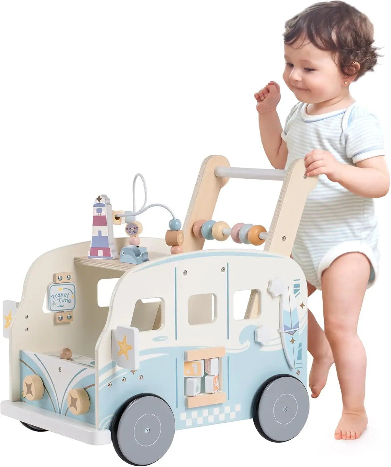 Wooden Baby Walker Bus Style With Ocean Pattern Rolife