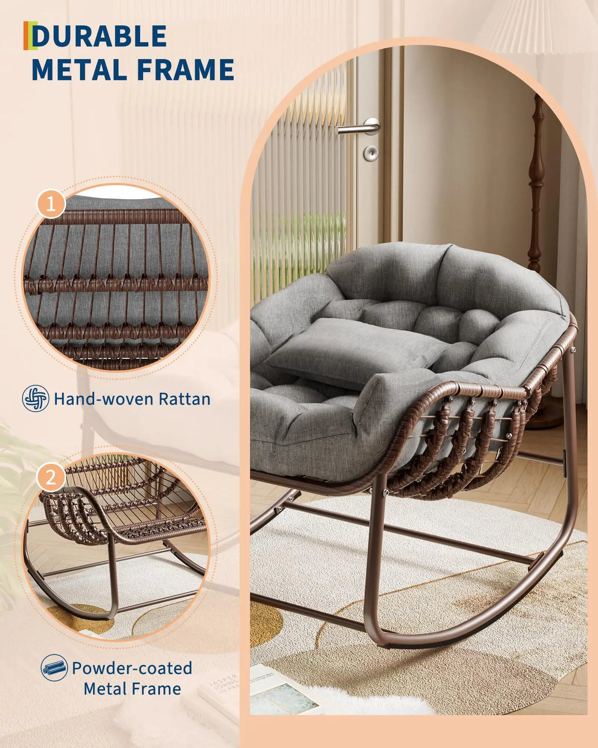 Grey Oversized Rattan Egg Rocking Chair With Steel Frame
