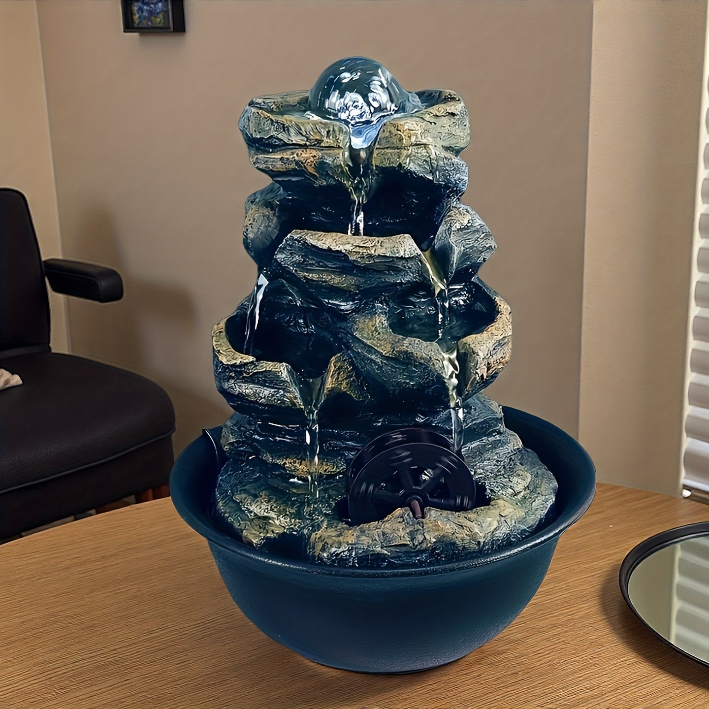 USB Powered Mini Water Wheel Fountain Resin Desktop Zen Decor