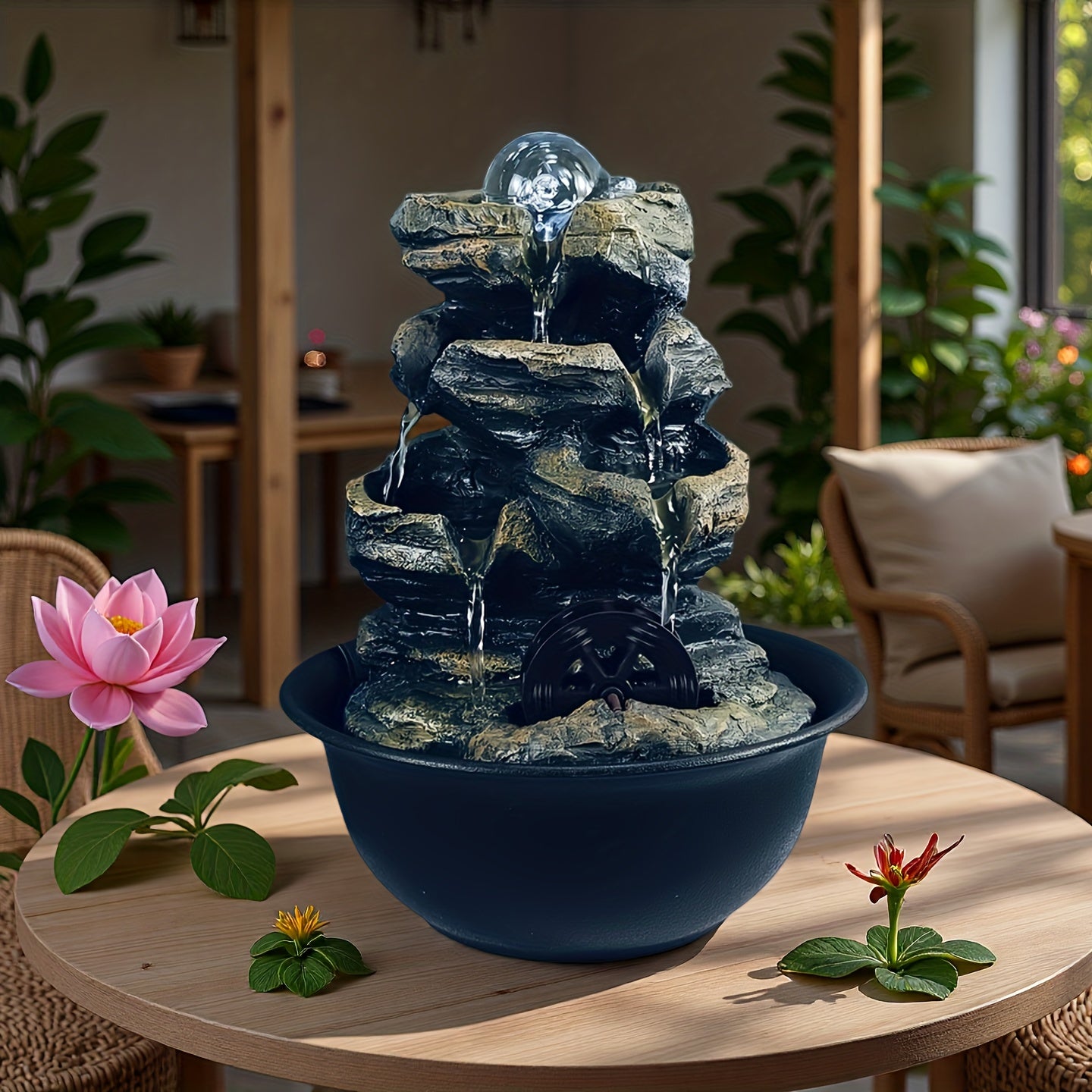USB Powered Mini Water Wheel Fountain Resin Desktop Zen Decor